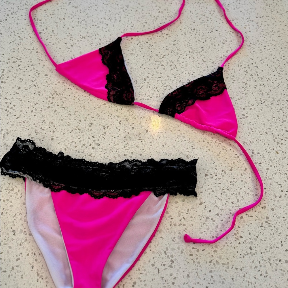 Neon Pink and Black Lace Trim Bikini Set